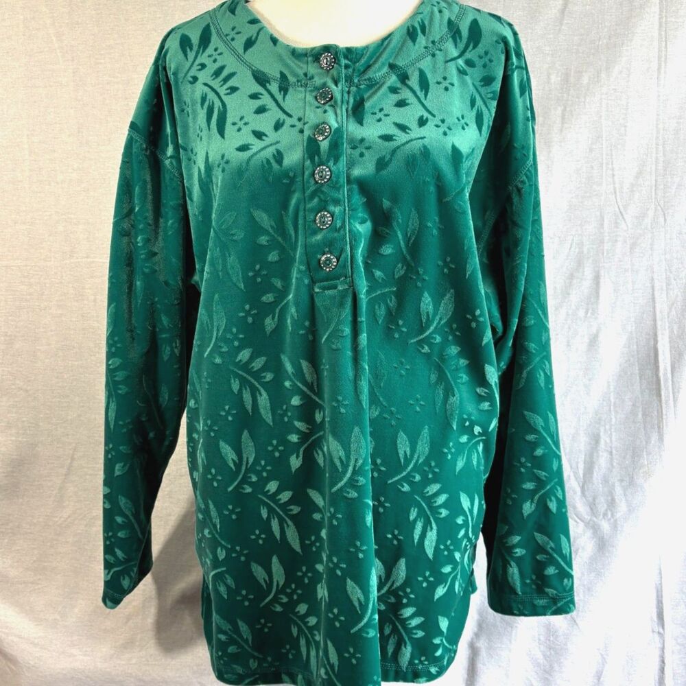 Unbranded Emerald Green Velour Floral Burnout Henley Top Rhinestone Buttons